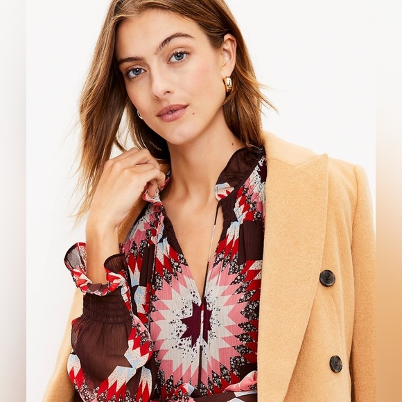 NWT LOFT Garden Smocked Ruffle Tie Neck Blouse Windsor Wine Ruffle Sheer Flowy - Picture 2 of 10